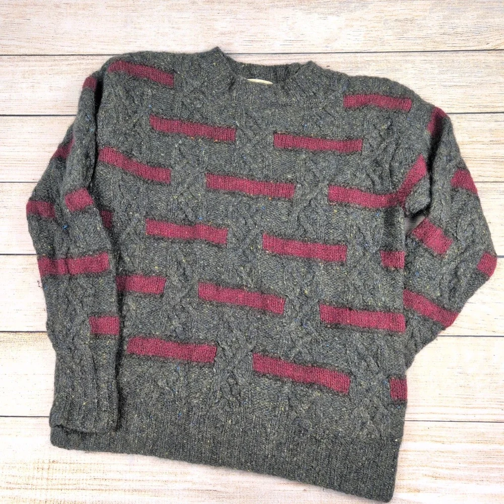 Eddie Bauer Mens Vintage Wool Mohair Cable Knit Sweater Grey Burgundy M - L - Picture 1 of 6